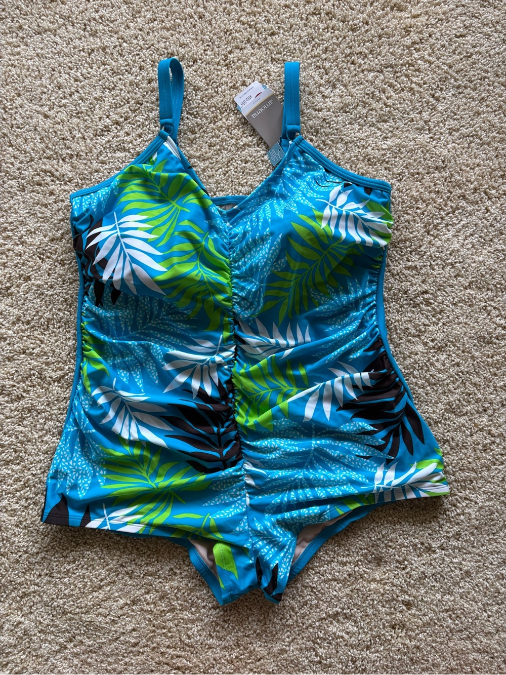 Amoena Bermuda One Piece Swimsuit Sz 22C Blue Palm Leaf Ruched Mastectomy